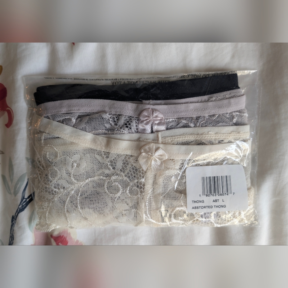 Lace Thong Set in Black, Gray, and Cream